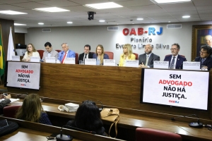 Da esq. para a dir., Gracia Barradas, Júnior Rodrigues, Aderson Bussinger, Sérgio Antunes, Sylvia Drumond, Rita Cortez, Tarcísio Amorim, Paulo Joel Bender Leal e João Batista Damasceno. Foto: Flávia Freitas/ Divulgação OAB/RJ