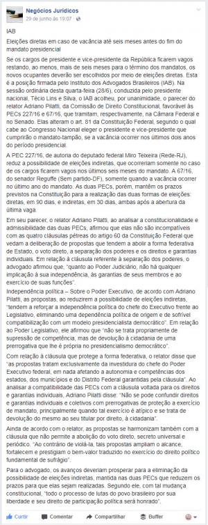 IAB defende eleições diretas em caso de vacância até seis meses antes do fim do mandato presidencial