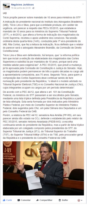 Técio propõe parecer sobre mandato de 10 anos para ministros do STF