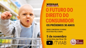 Descrição da imagem: O lado esquerdo do card é todo ocupado por uma enorme imagem de um bebê dentro de um carrinho de compras num supermercado. No lado direito, sobre um fundo amarelo, estão: o título do evento, na cor laranja; informações sobre a data, a hora e o local do webinar Papo com o IAB, em letras pretas, e a logo do IAB, nas cores vermelha e branca.