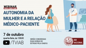 Descrição da imagem: Fundo creme. No alto, à esquerda, na cor azul escuro, o título do evento; à direita, o desenho de uma mulher grávida, cabelos castanhos e longos, de vestido azul, sendo recebida num consultório pelo médico. Embaixo, à esquerda, a data, a hora e o local da transmissão do evento; à direita, o logotipo do IAB em vermelho e branco.