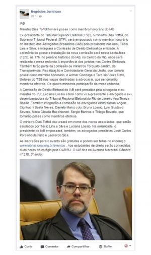 Ministro Dias Toffoli tomará posse como membro honorário do IAB