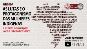 Cartaz de fundo cinza claro. Na parte direita superior está uma inagem do mapa do Brasil formado por palavras. Essas palavras são etnias indígenas, como Caiapós, Bororos e Caxinauás. No resto do cartaz estão as informações do evento, como título do webinar, dia, hora, local de transmissão e total de horas de estágio que serão concedidas.