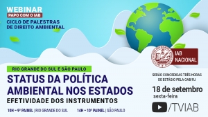 Descrição da imagem: na parte superior, sobre um fundo azul claro, temos a imagem do planeta Terra entre nuvens, à direita, e a informação sobre o ciclo de palestras em letras azuis, à esquerda. Na parte de baixo da imagem, à direita, está a logo do IAB nas cores vermelho e branco; e à esquerda consta o título do evento em letras azuis e pretas.