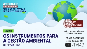 Descrição da imagem: na parte superior, sobre um fundo azul claro, temos a imagem do planeta Terra entre nuvens, à direita, e a informação sobre o ciclo de palestras em letras azuis, à esquerda. Na parte de baixo da imagem, à direita, está a logo do IAB nas cores vermelho e branco; e à esquerda consta o título do evento em letras azuis e pretas.