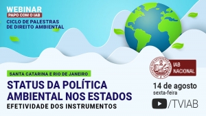 Descrição da imagem: na parte superior, sobre um fundo azul claro, temos a imagem do planeta Terra entre nuvens, à direita, e a informação sobre o ciclo de palestras em letras azuis, à esquerda. Na parte de baixo da imagem, à direita, está a logo do IAB nas cores vermelho e branco;  e à esquerda consta o título do evento em letras azuis e pretas.